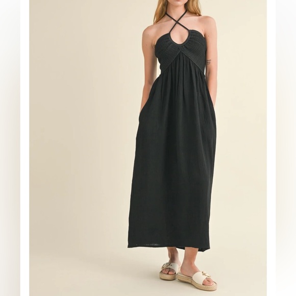 Miou Muse Dresses & Skirts - Miou Muse‎ NWT SZ SM Black crochet  Halter Maxi Dress
